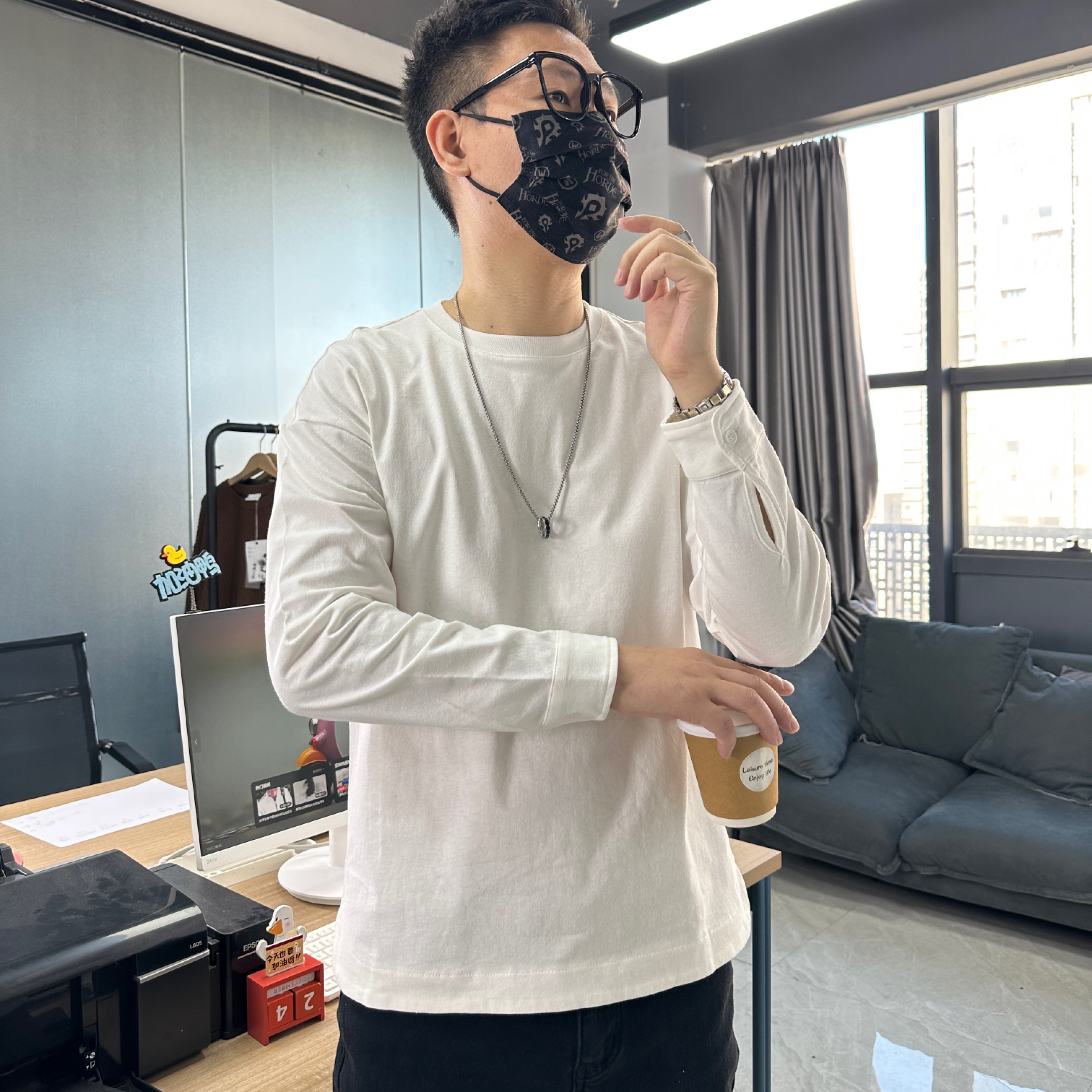 男士ins春秋新款极简长袖t恤纯色纯棉小众设计休闲百搭打底衫卫衣