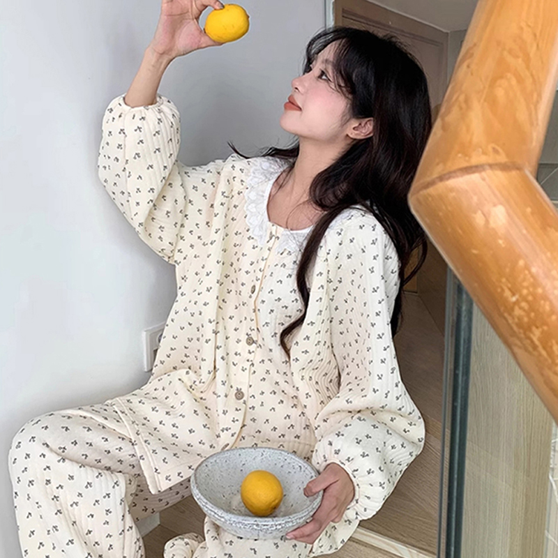 碎花蕾丝睡衣少女长袖长裤夹层棉加厚冬款保暖两件套大码装家居服
