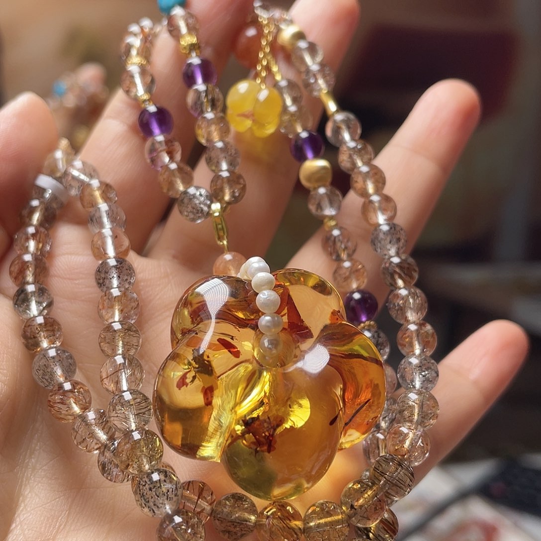 琥珀银S925镀金镶嵌裸石吊坠