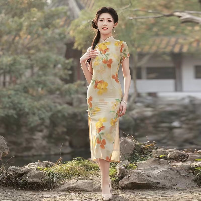 609-石榴花 年轻 改良 七扣 旗袍 