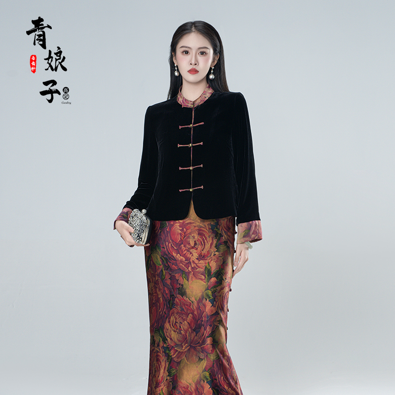 青娘子【瑶淑】丝绒拼香云纱立领中式唐装春秋中国风短外套--51344