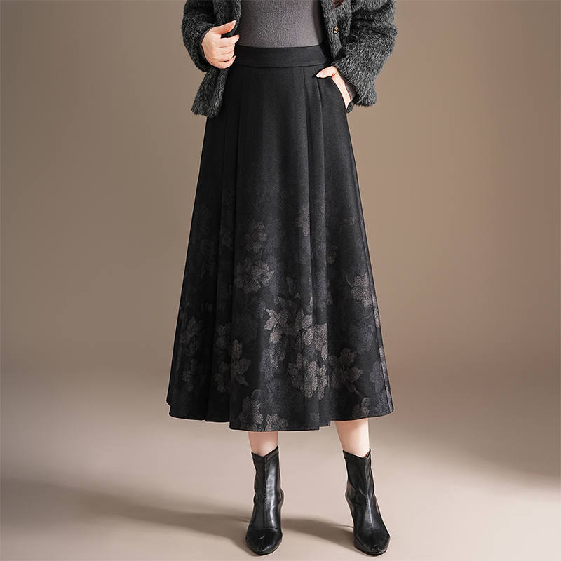 大花A型大摆裙经典洋气高腰显瘦裙子2025秋冬半身裙百褶爆款休闲