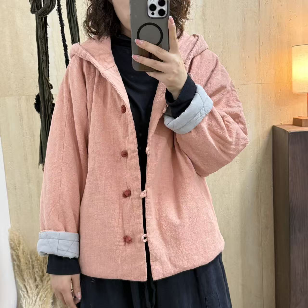 那年  冬季新款砂洗亚麻连帽棉服（长62 胸围130）