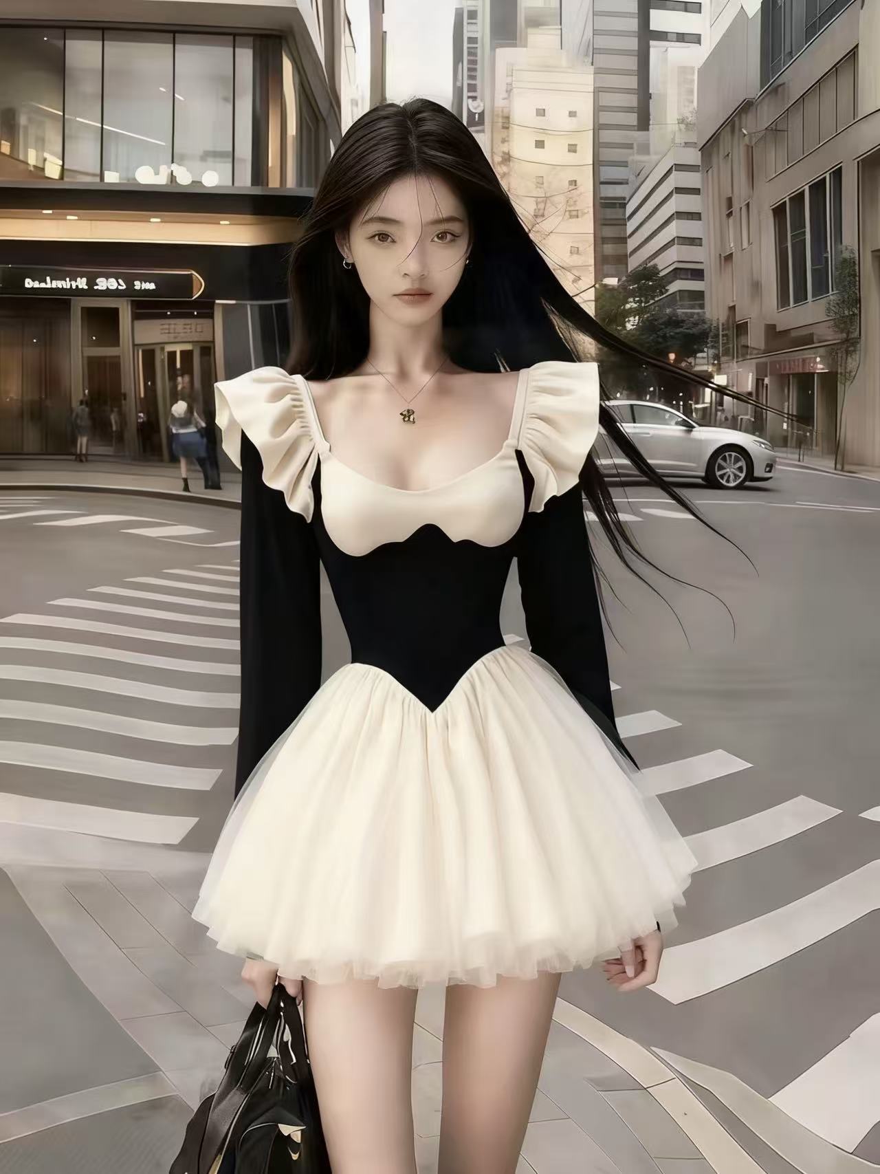 优雅气质名媛温婉千金风长袖裙子撞色U领飞飞袖网纱蓬蓬裙连衣裙