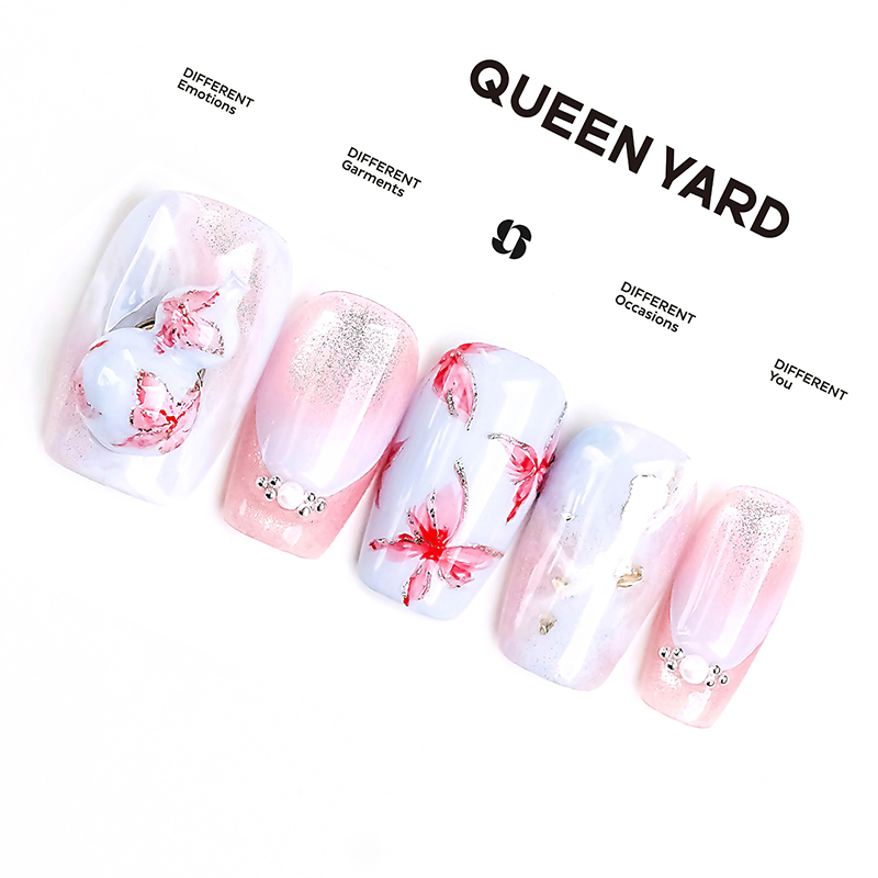 QUEENYARD【粉樱纱】手绘蝴蝶细闪亮片显白美甲2025款手工穿戴甲