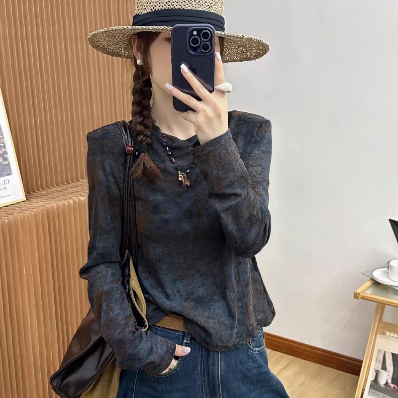 复古印染植绒长袖T恤女欧洲站2025秋装新款欧货女装洋气打底衫潮