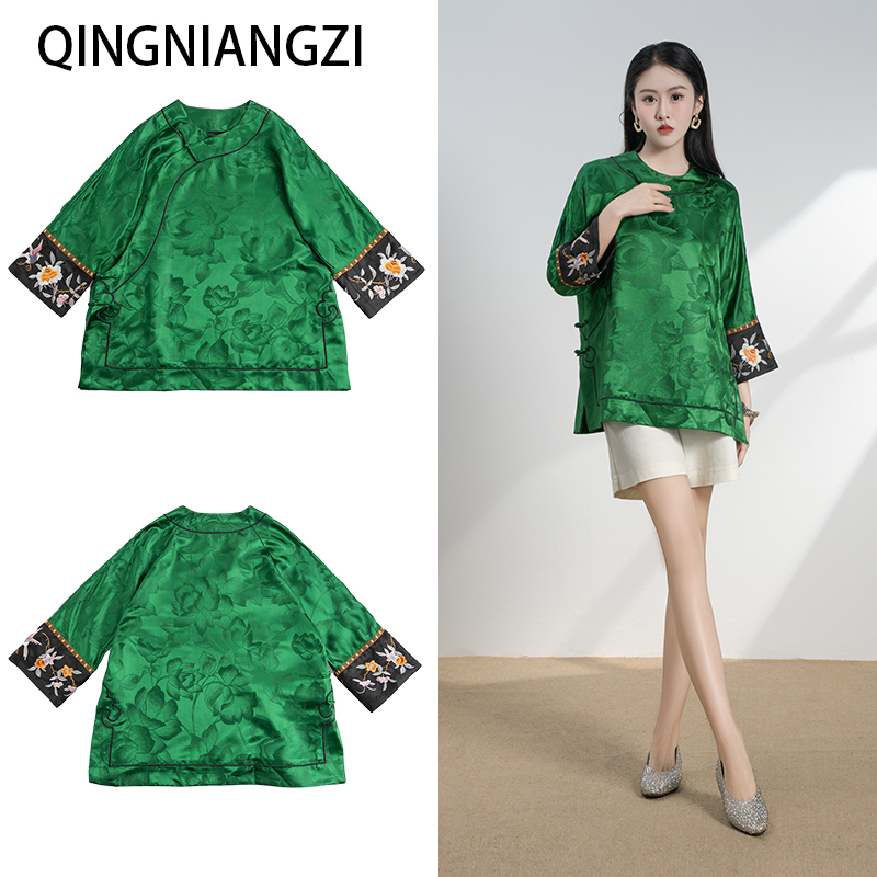 青娘子（梦之）香云纱重缎提花刺绣拼接斜襟国风宽松长袖上衣-50961