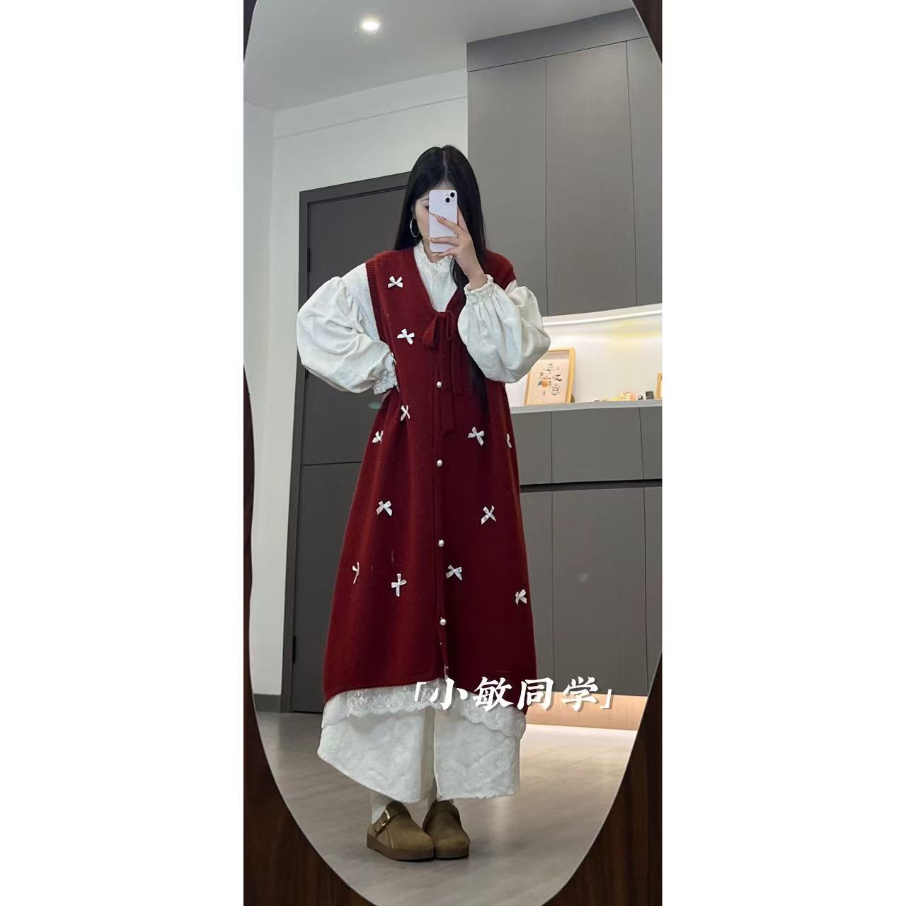红色系针织毛衣氛围感宽松型显瘦蝴蝶结背心裙搭配3779 2510