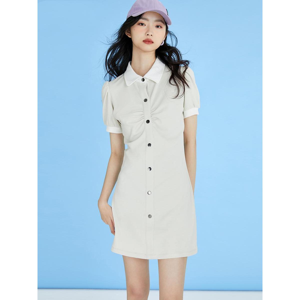 【清仓】ON~Y家女装夏季收腰显瘦学院风简约百搭纽扣A字裙连衣裙子