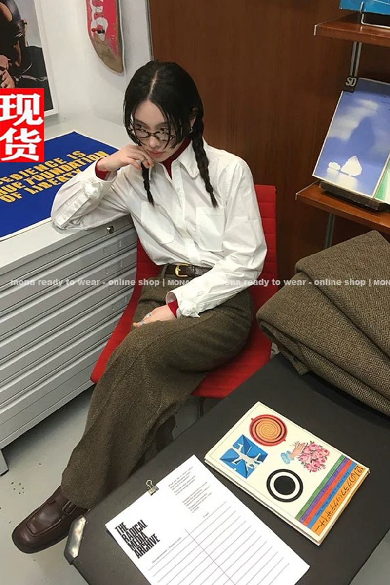 MONA 100棉 白色轻甜减龄设计感衬衫上衣女小个子内搭秋冬新款