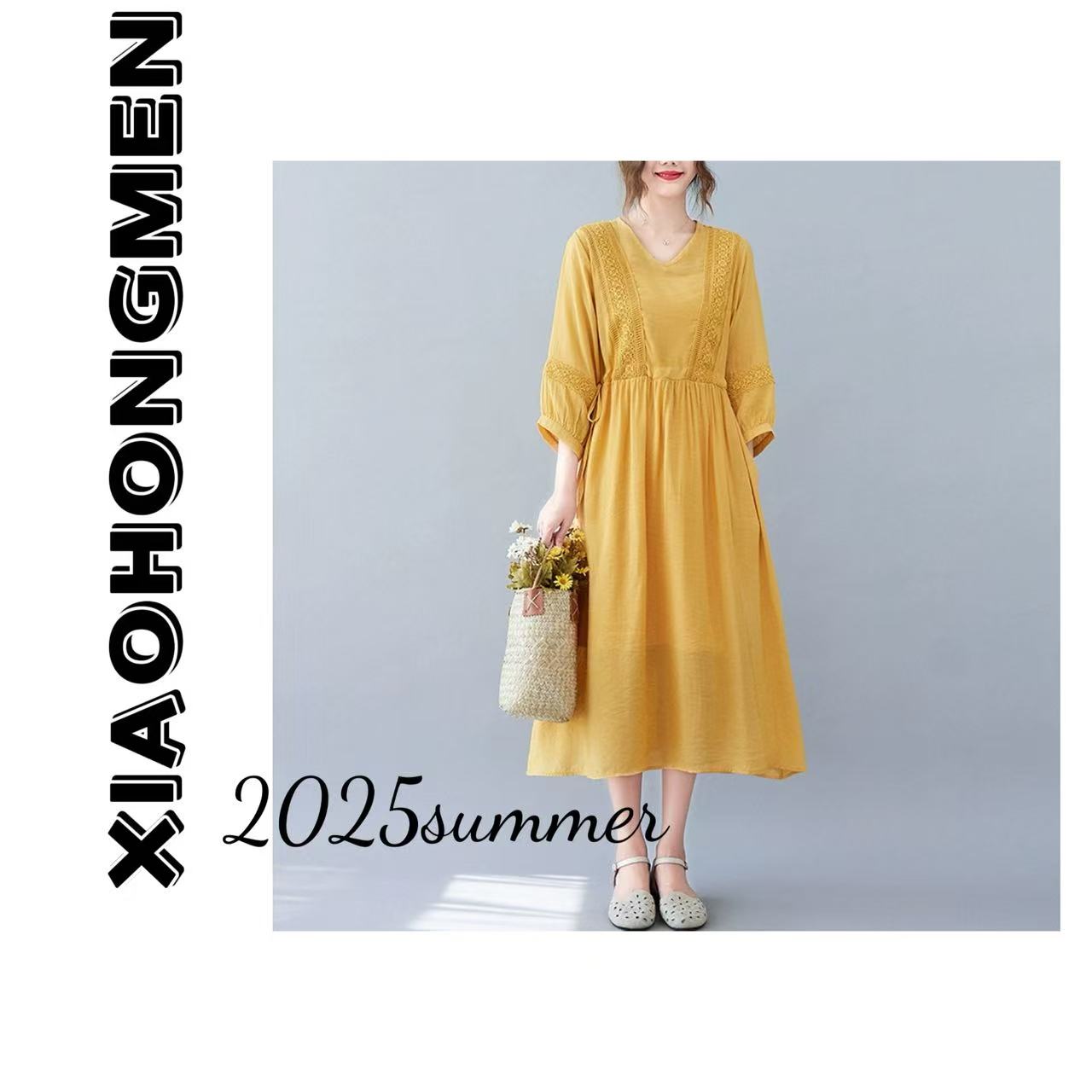A292 2025新款收腰显瘦小V领拼接蕾丝高级慵懒连衣裙