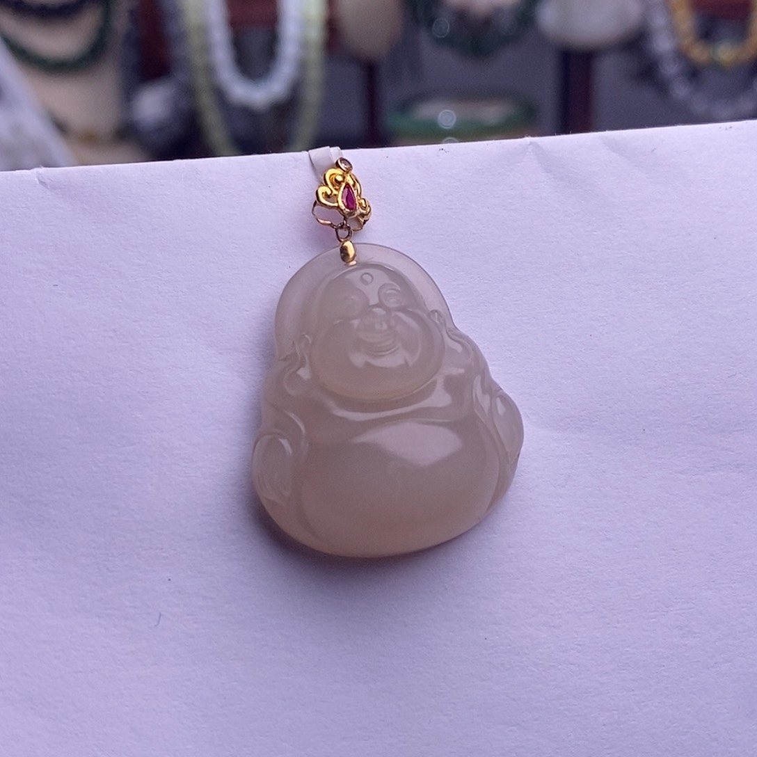 和田玉精品福利老矿藕粉羊脂级红粉圆金镶佛公未镶嵌