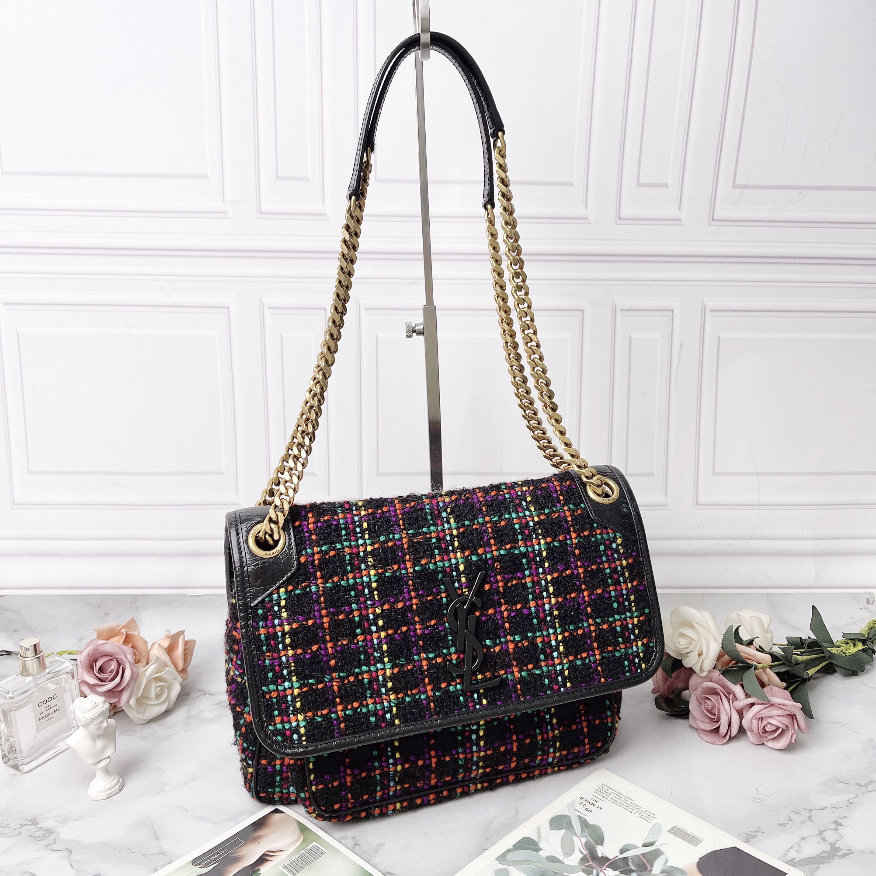 95新 YSL/圣罗兰 YSL/圣罗兰复古粗毛呢niki中号单肩包