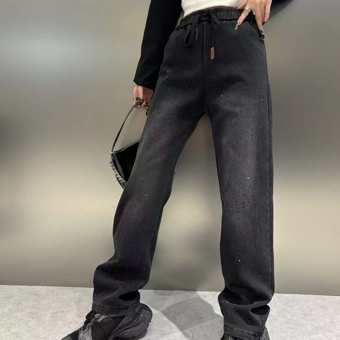 737大码前带钻直筒加绒牛仔裤