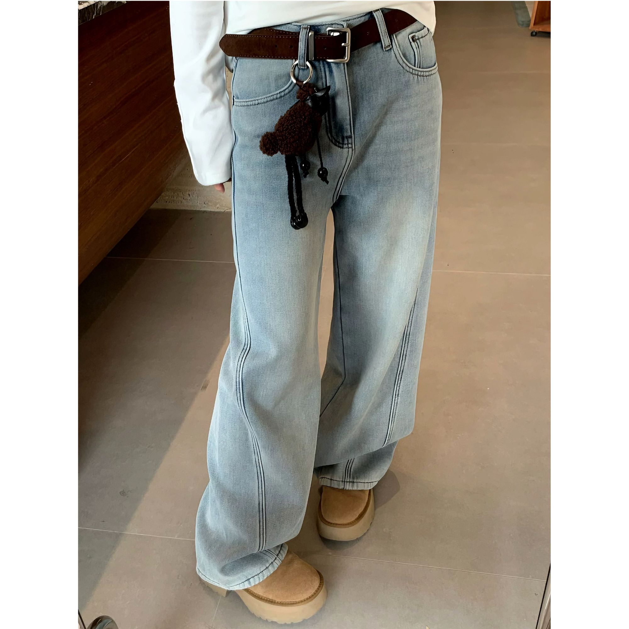 阔腿裤女牛仔裤梨形不贴腿水洗裤子3109