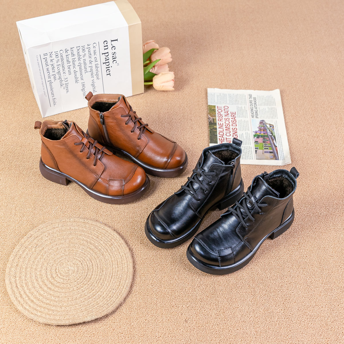 【头层牛皮】时尚加绒英伦复古风软底显瘦女靴675-3