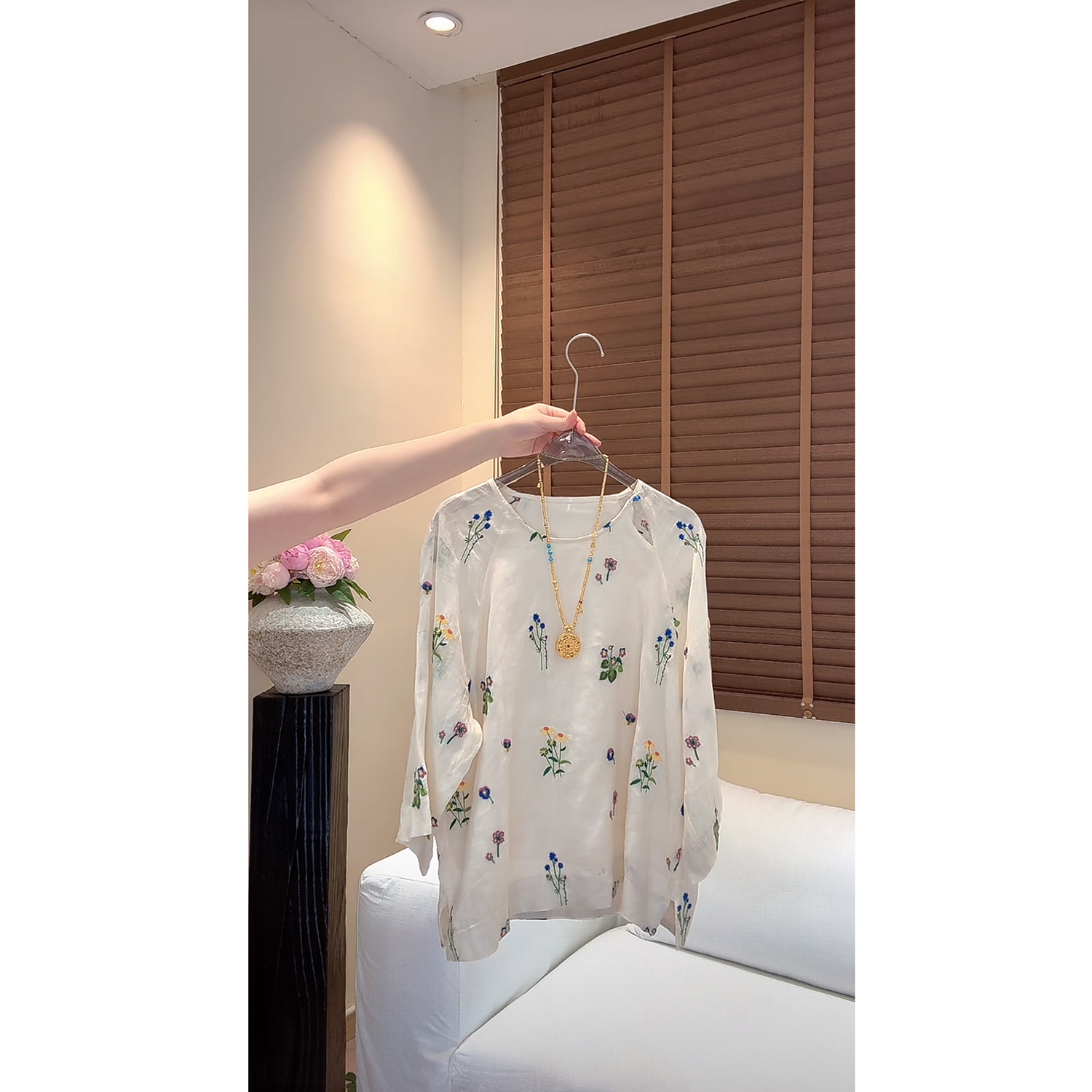 “插花”100%苎麻刺绣新中式轻薄防晒衬衫上衣高级感显瘦