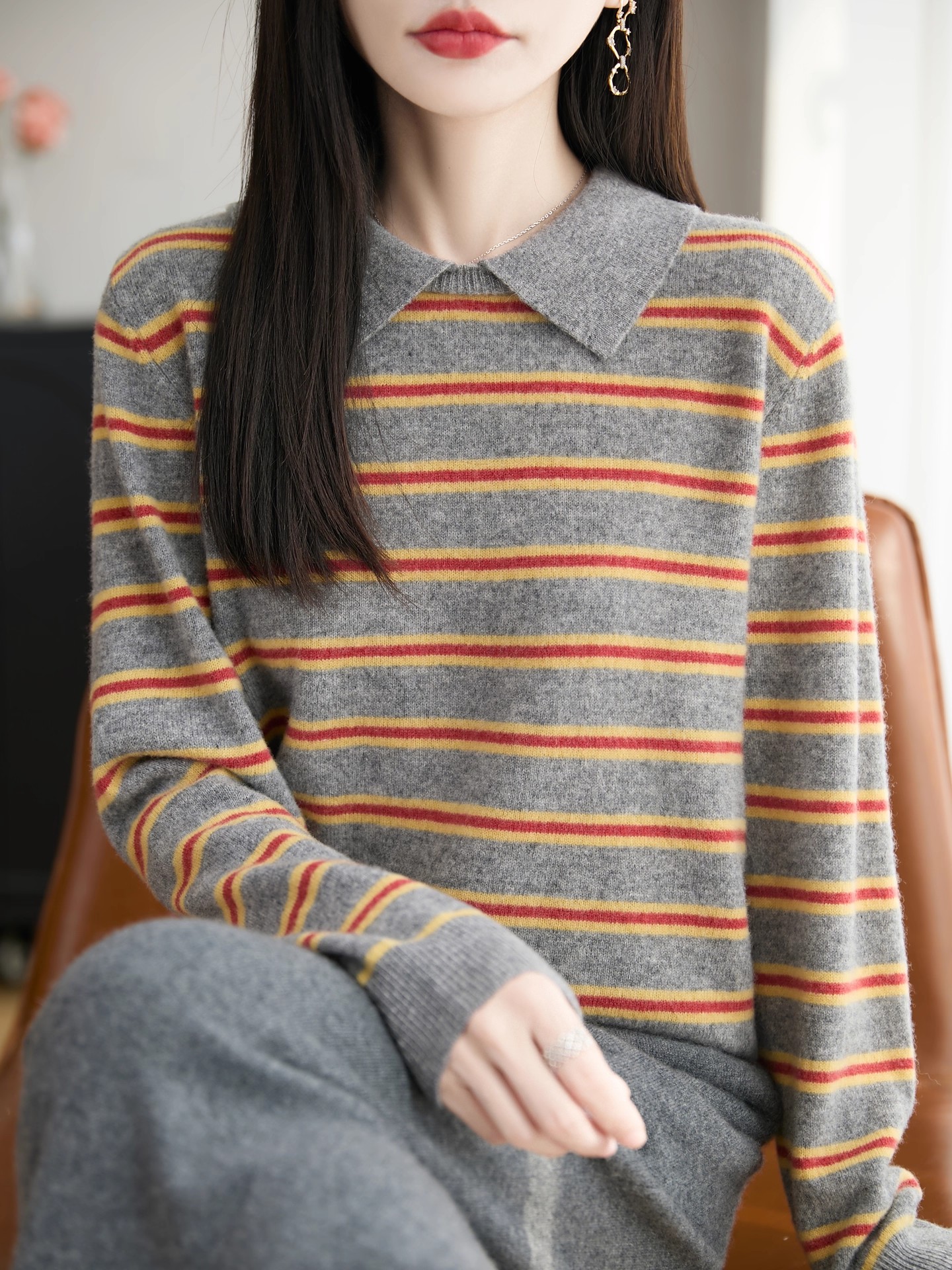 100%纯羊毛衫女翻领条纹撞色针织长袖毛衣宽松百搭羊绒衫打底上衣