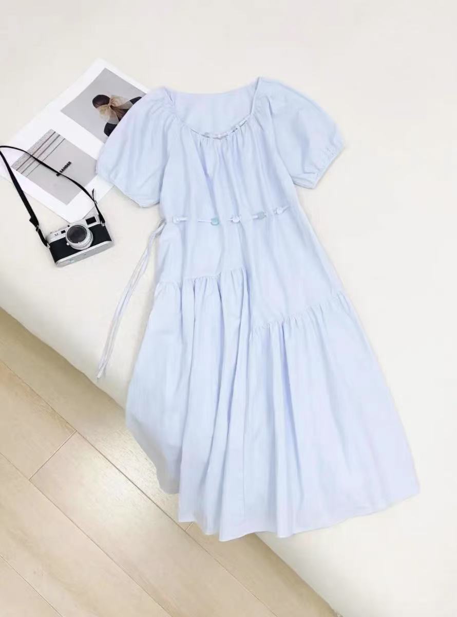 韩国气质ins高级感串珠腰带收腰显瘦圆领欧货泡泡袖长裙女潮流