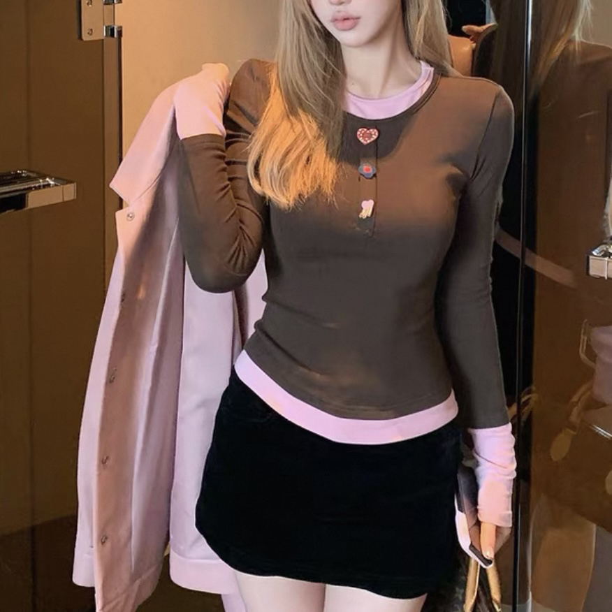 大码韩系撞色长袖T恤秋冬新款设计感小众修身显瘦内搭打底衫上衣