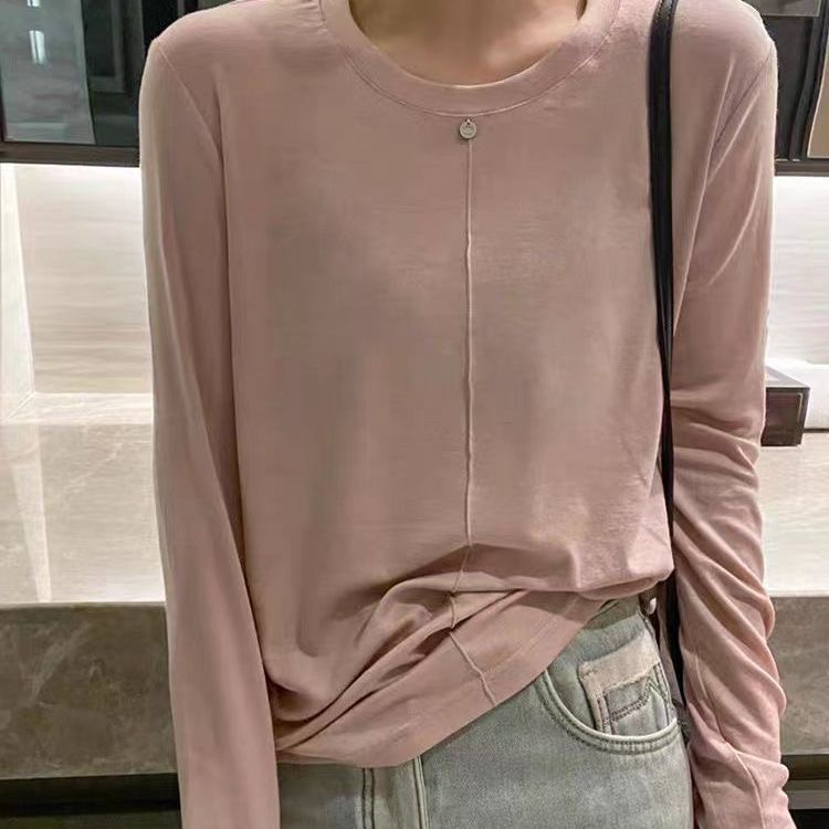 简约垂感洋气T恤春秋新款设计感百搭纯色新中式圆领长袖打底衫女
