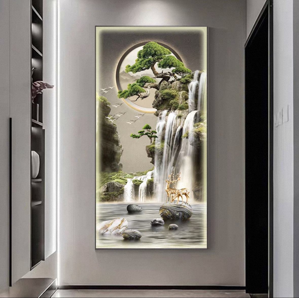 新款轻奢流水生财入户玄关装饰画走廊过道抽象竖版壁画