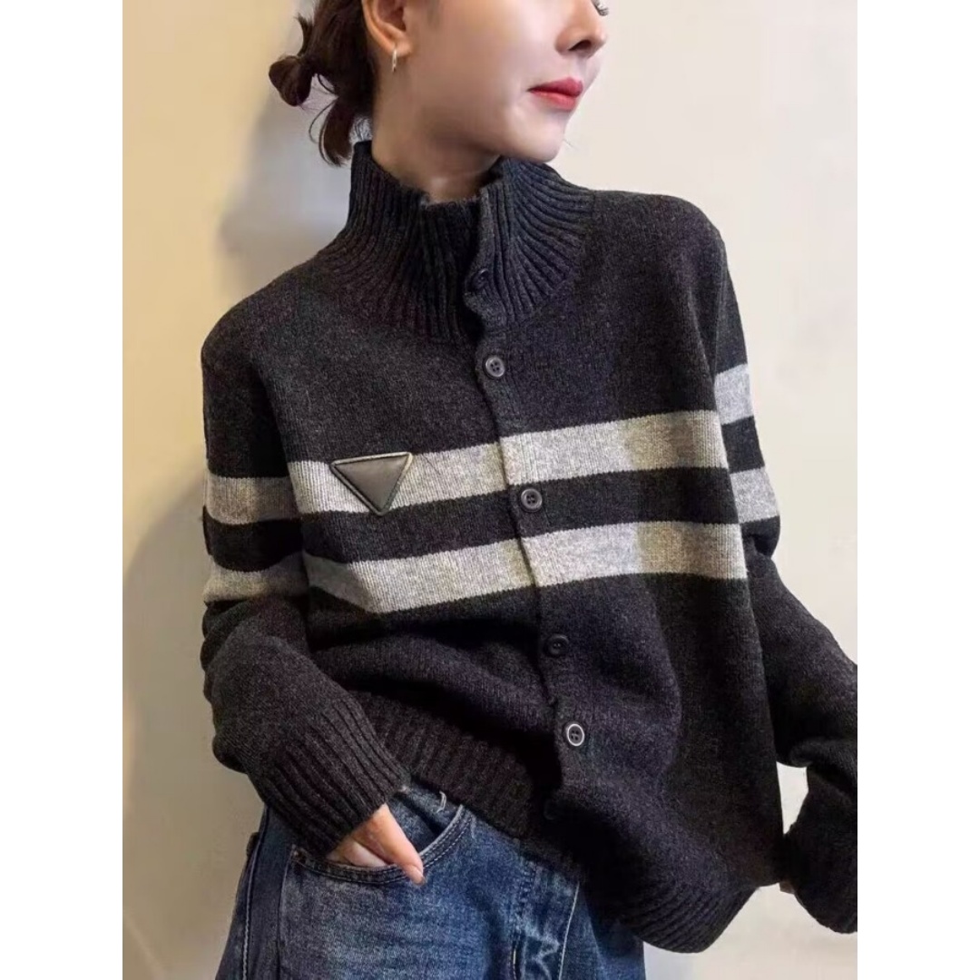 老钱风高领条纹针织衫外搭毛衣女2025秋冬新款慵懒高级感短款开衫