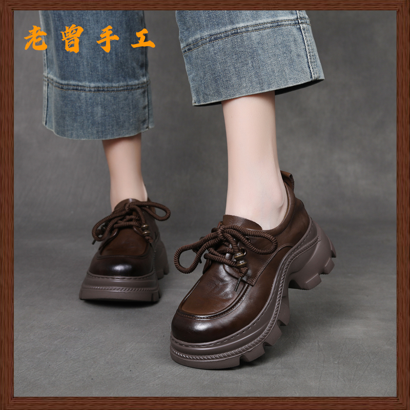 老曾手工头层牛皮高跟圆头乐福鞋女2025秋季新款休闲百搭厚底单鞋