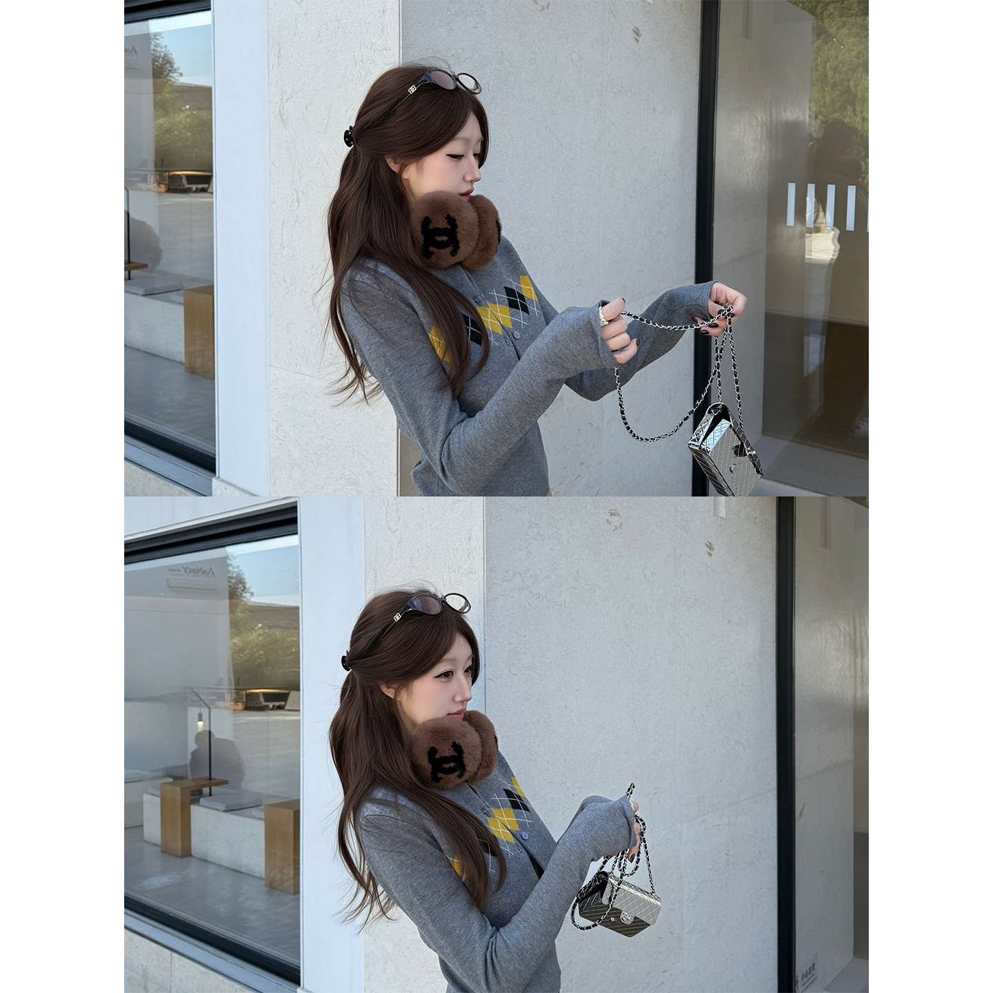 薛千千Meyes「蒙马学院」灰色菱格纹针织假两件针织衫洋气圆领毛衣