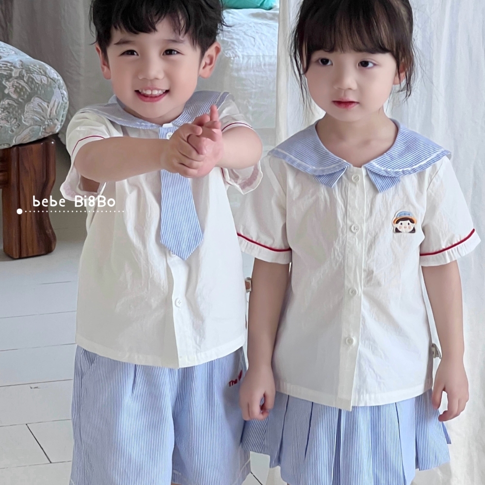 【柠檬妈妈】bi8bo2025夏季新款学院风衬衫兄妹同款套装31165 31166