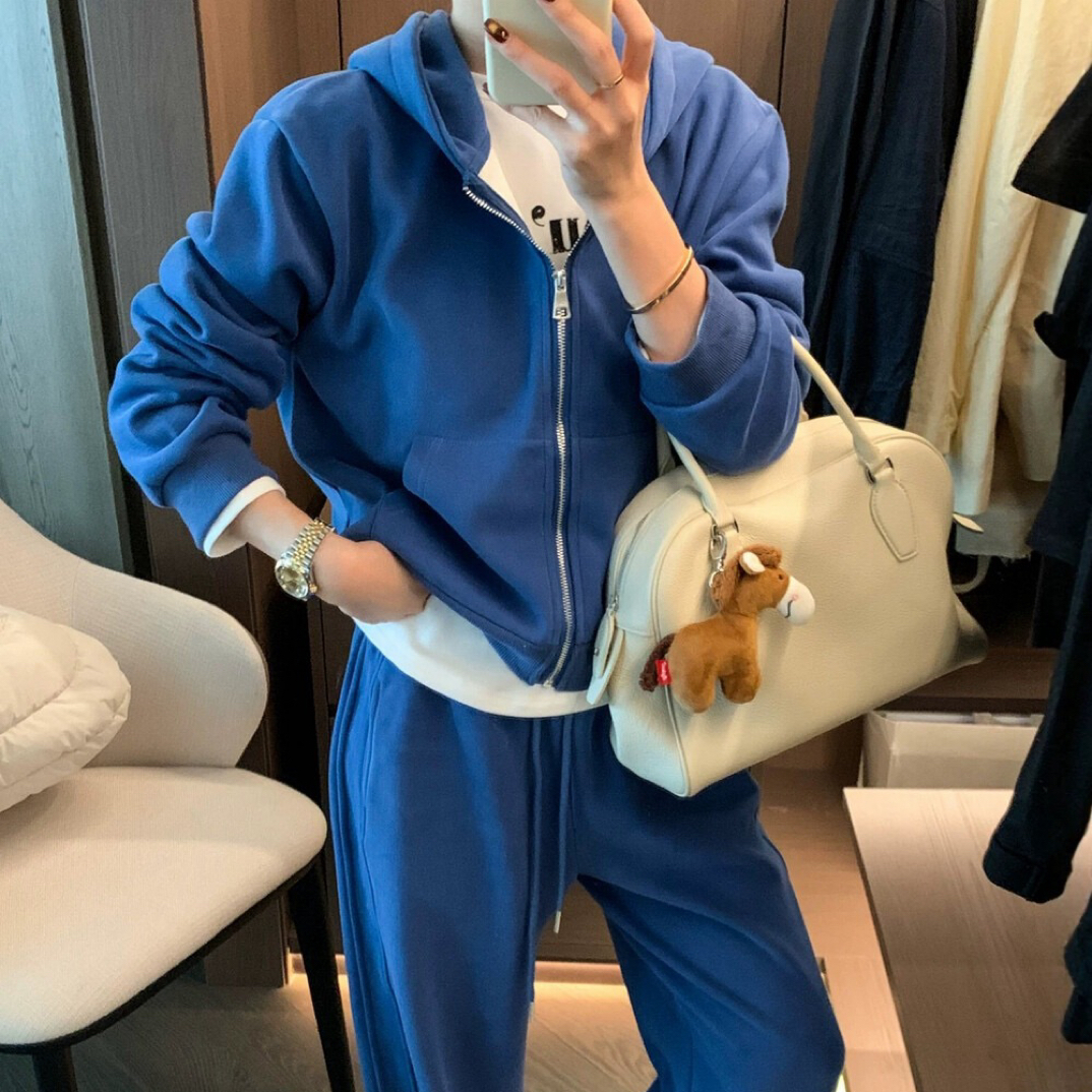 冬季加厚连帽宽松显瘦百搭卫衣洋气加绒外套+阔腿裤两件套套装