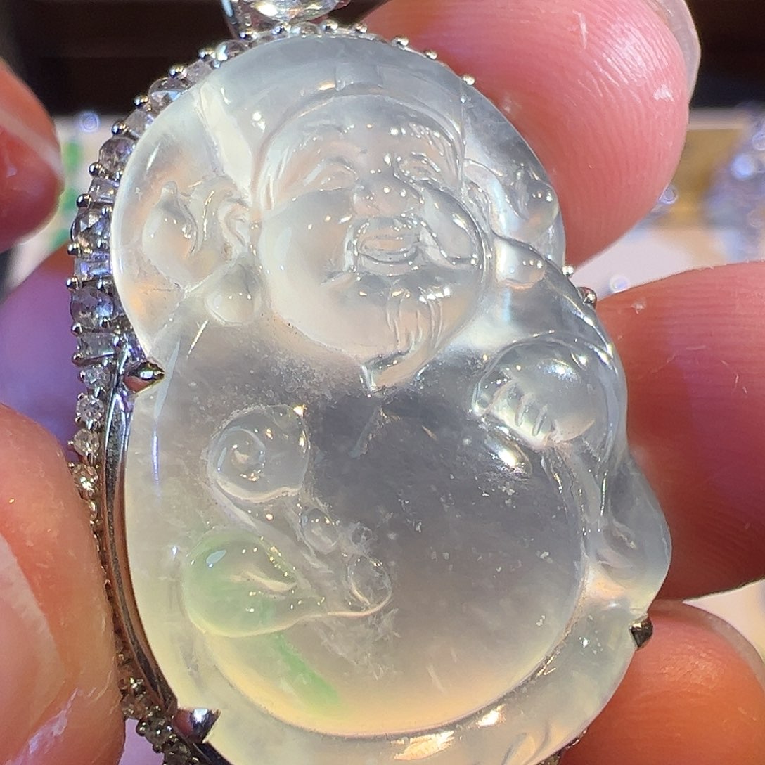 翡翠吊坠(赠链)18K金镶嵌玻璃种财爷爷