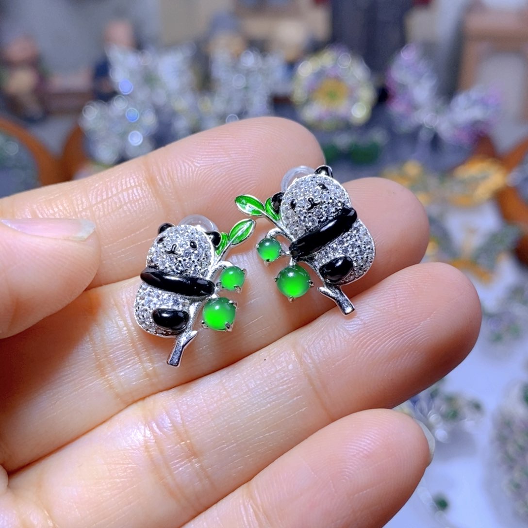 翡翠耳钉银S925镶嵌天然翡翠