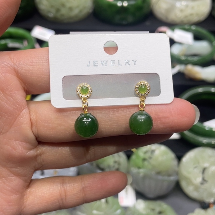 和田玉耳饰银S925镶嵌