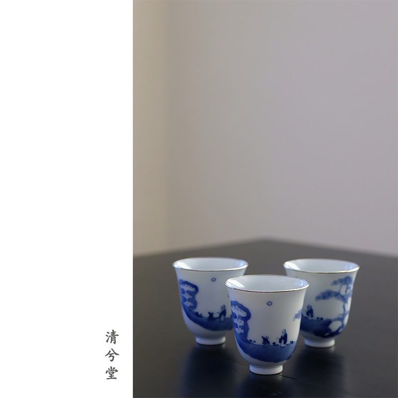 清兮堂柴窑手绘青花圈银口主人杯闻香杯品茗杯清物珍藏