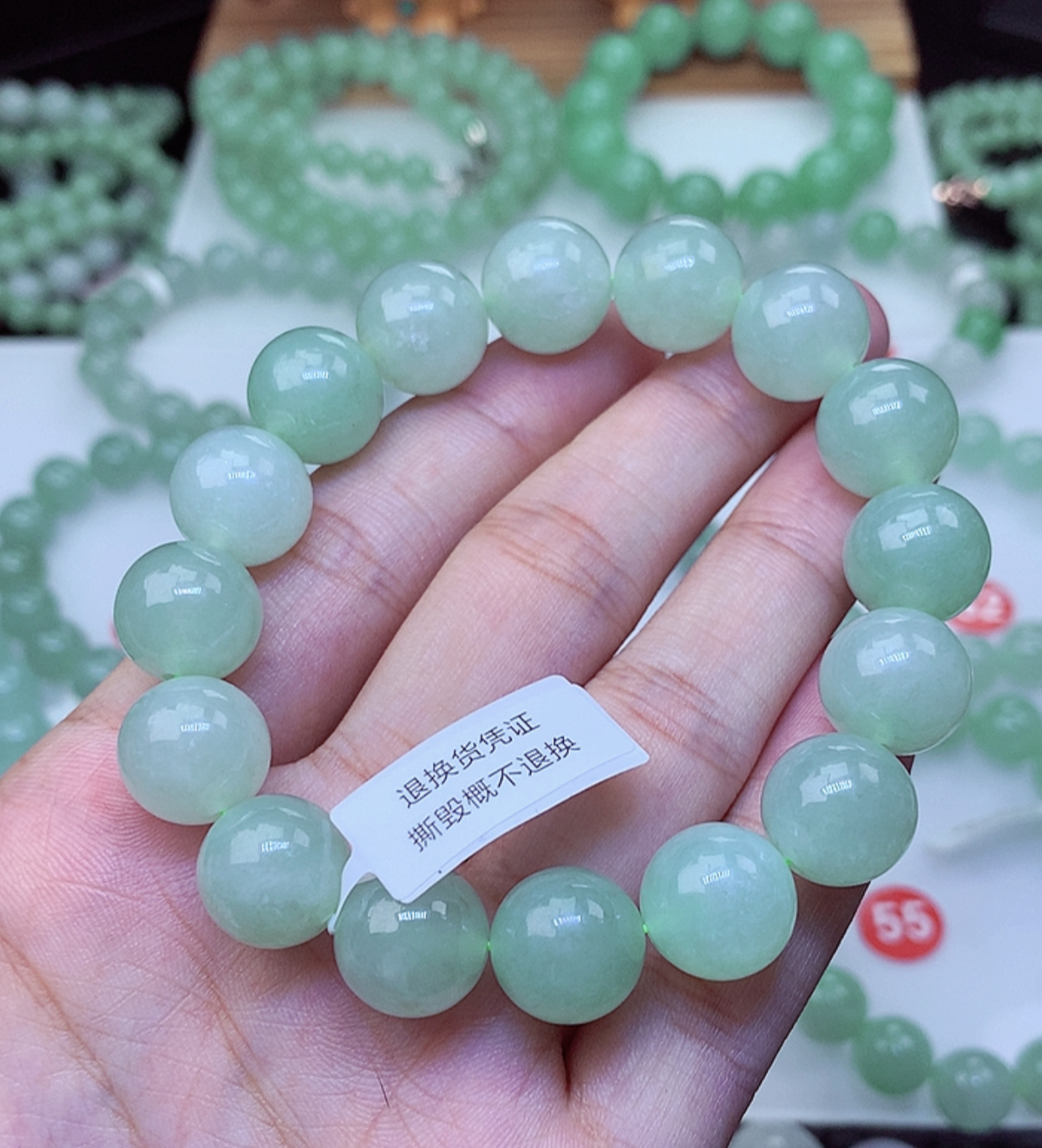 缅甸天然翡翠A货卡13冰润起胶冰绿底圆珠手串老坑时尚百搭绿色