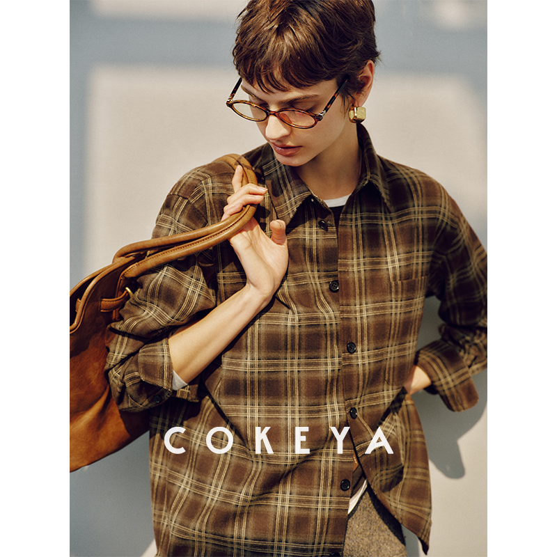 COKEYA/U系学院~美拉德复古风磨毛格纹经典立裁宽松百搭衬衫女