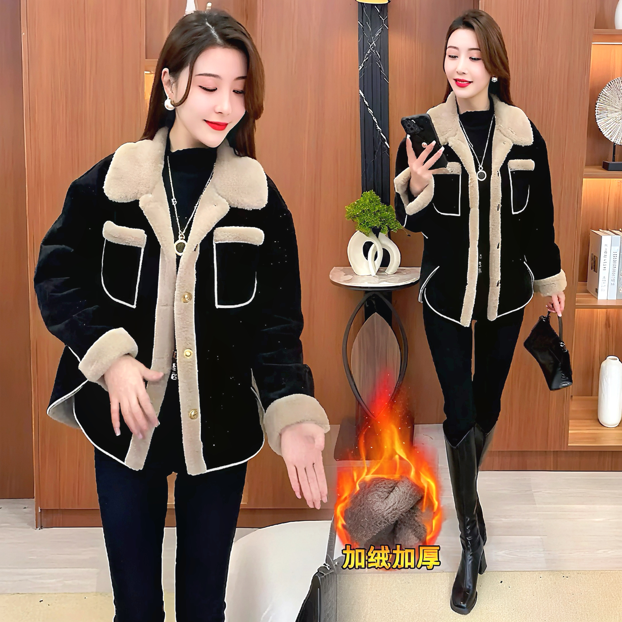 加绒加厚小香风短款外套女士2025冬季新款时尚洋气小个子棉袄上衣