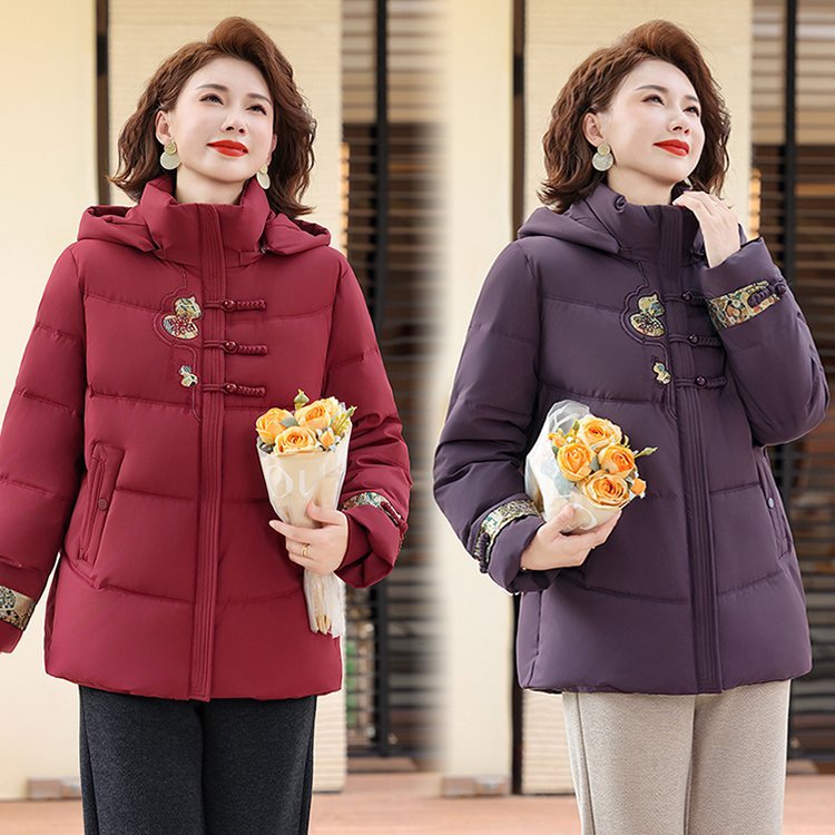 奶奶冬装加绒加厚棉衣中老年女装连帽外套高贵气质母亲保暖棉衣