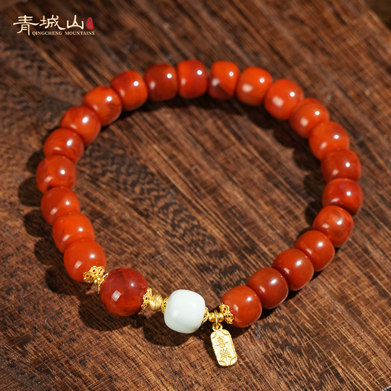 青城山川料原矿无胶裂瓦西火焰纹南红手串8mm老型18K金九紫离火