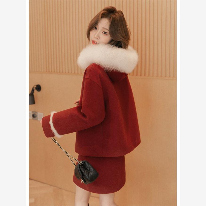 圣诞新年战袍 毛领拼接贵气名媛千金感套装外套+半裙两件套冬季女