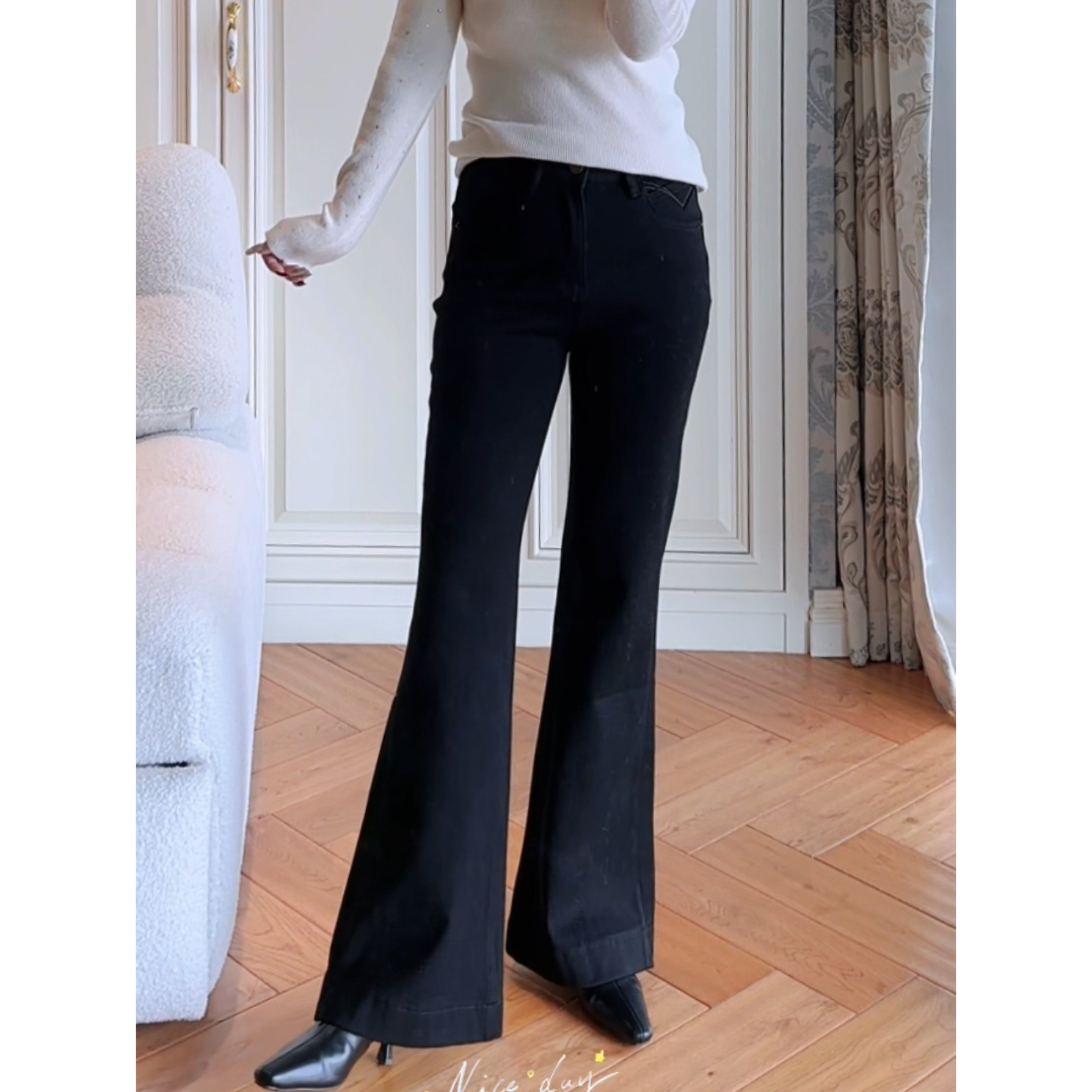 【竺姐】气质小女人高腰显瘦喇叭裤牛仔裤