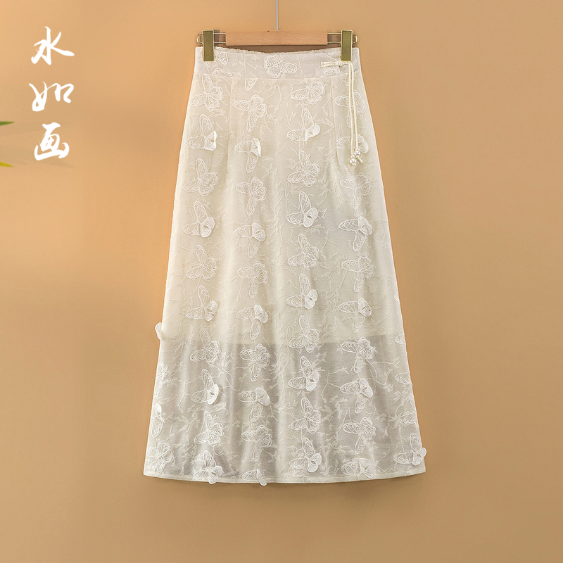 【沐蝶】飘逸半身裙高腰A字裙女装夏季新中式国风立体提花白色裙子