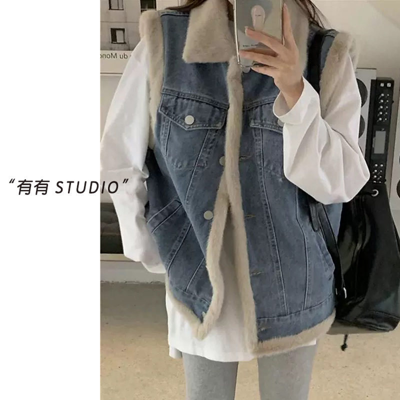 「暖绒丹宁牛仔马甲」韩系！牛仔加绒保暖显瘦女士马甲 