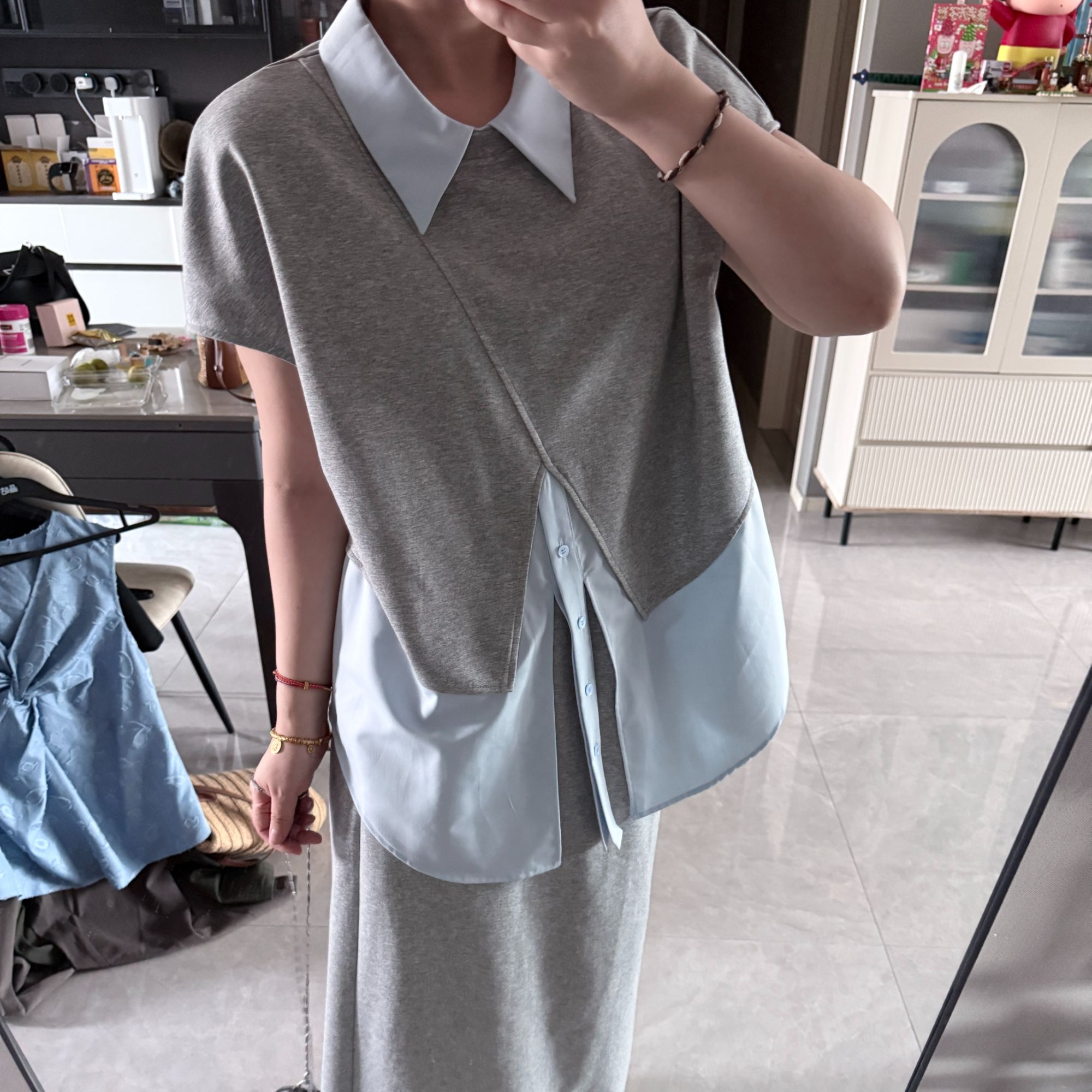 晶咕软软【慵懒随性】韩版拼接撞色假两件衬衫领无袖上衣+半