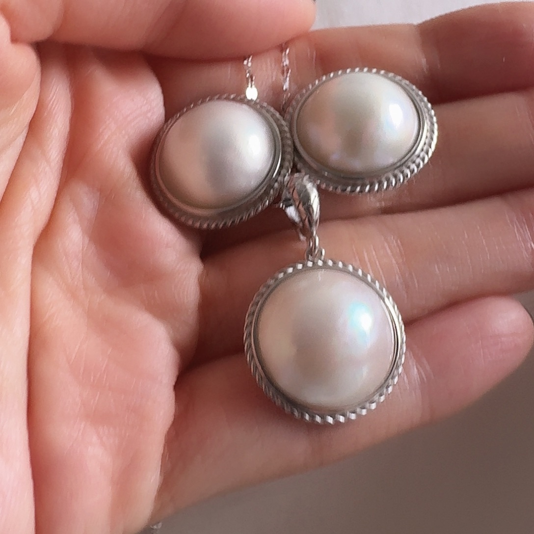 拼合珍珠（马贝珠）耳饰+吊坠银S925镶嵌香****6白