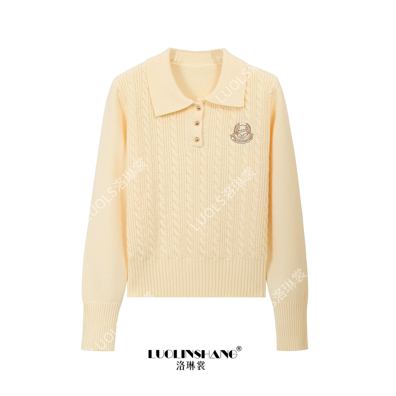 学院风麻花polo毛衣女2025新款气质韩系翻领刺绣套头短款针织衫女