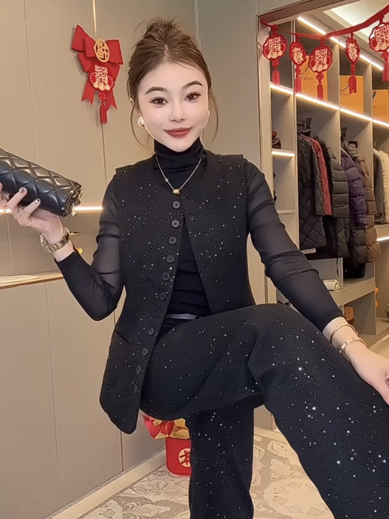2025春季女士穿搭两件套时尚套装小香风呢子马甲外套+裤子