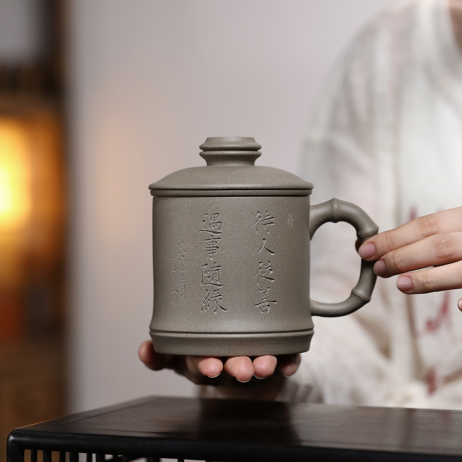 雪涓宜兴原矿紫砂蟹壳青随缘三件套竹节泡茶盖杯