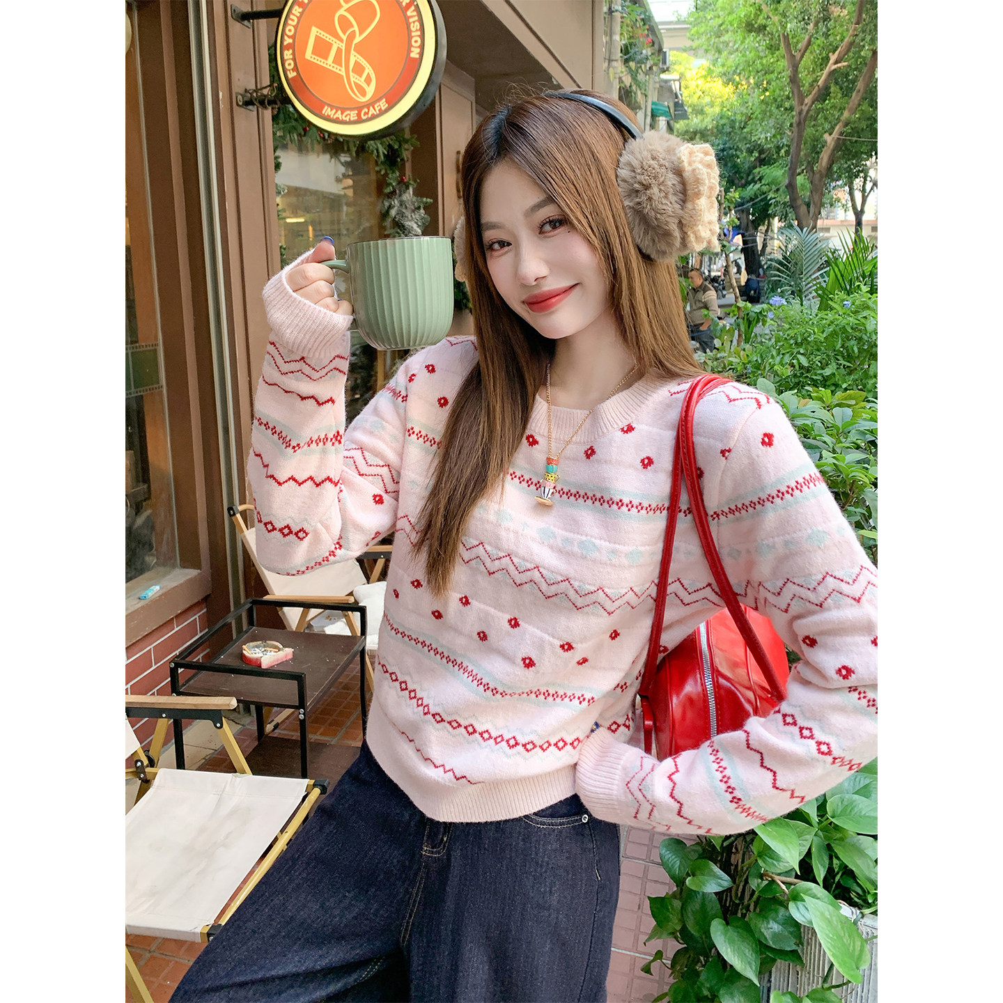 曾小咸 韩系提花粉色毛衣女秋冬新款慵懒ZA54MZJ2327